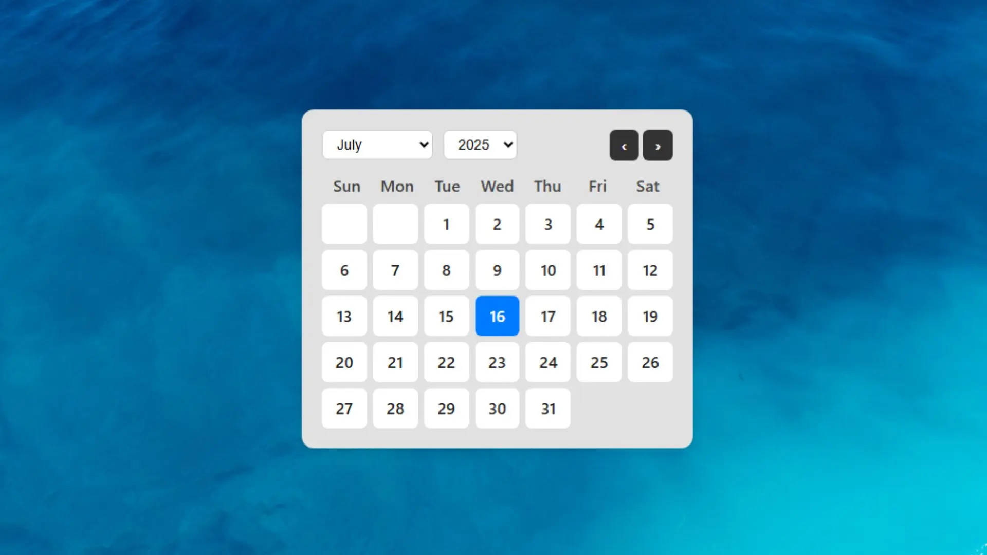 Responsive JavaScript Calendar UI with Month & Year Selector | HTML CSS ...
